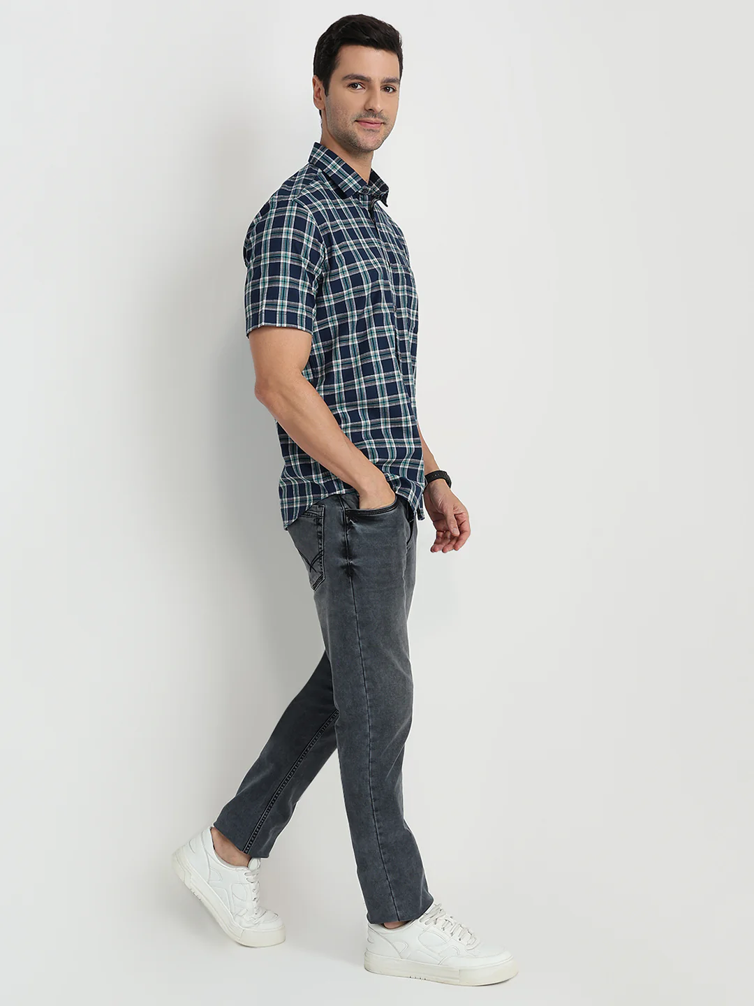 Colorplus Men Blue Checks Regular Fit Cotton Half Sleeve Casual Shirt - Image 5