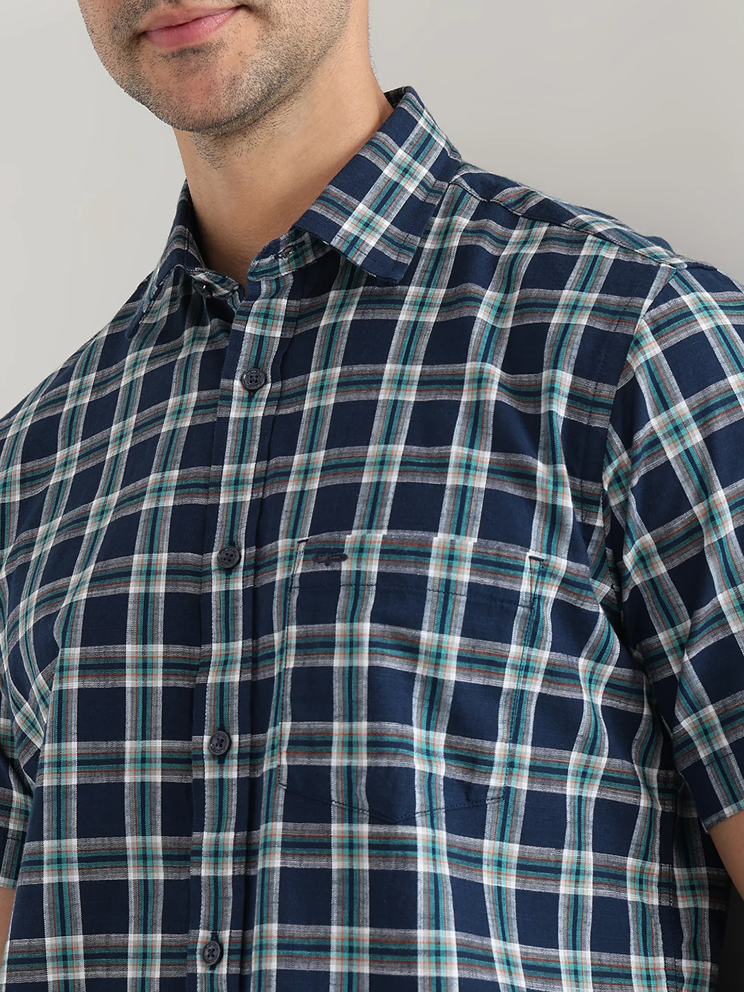 Colorplus Men Blue Checks Regular Fit Cotton Half Sleeve Casual Shirt - Image 6