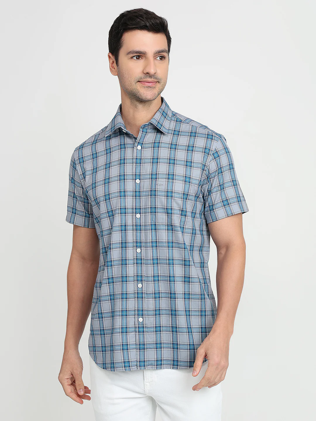 Colorplus Men Blue Checks Regular Fit Cotton Half Sleeve Casual Shirt