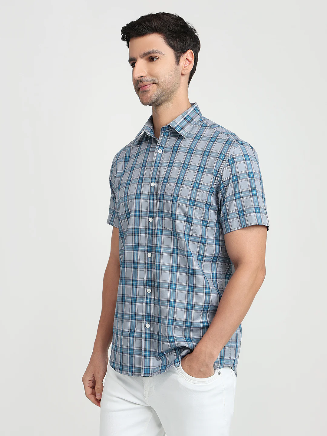Colorplus Men Blue Checks Regular Fit Cotton Half Sleeve Casual Shirt - Image 2