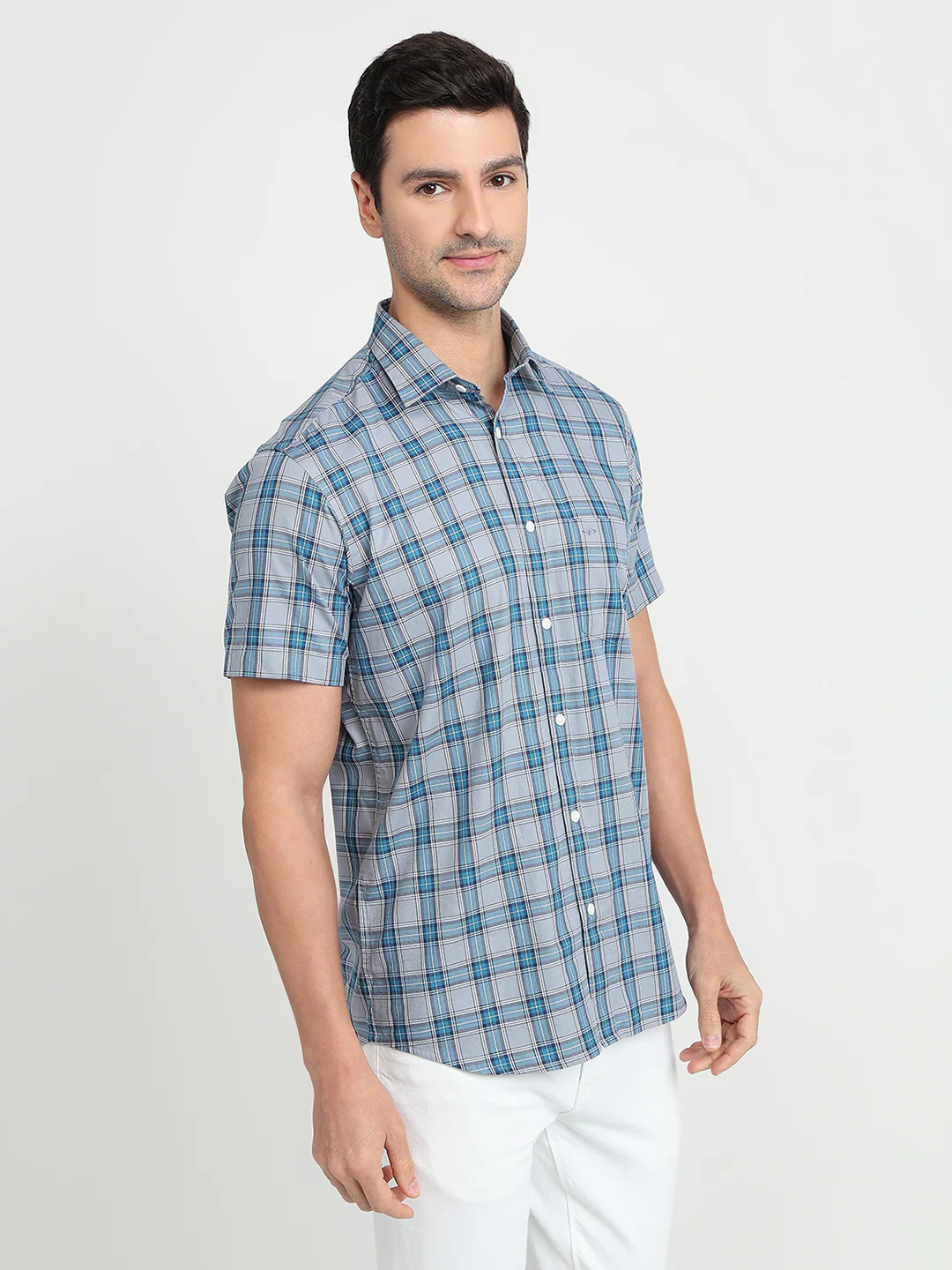 Colorplus Men Blue Checks Regular Fit Cotton Half Sleeve Casual Shirt - Image 3