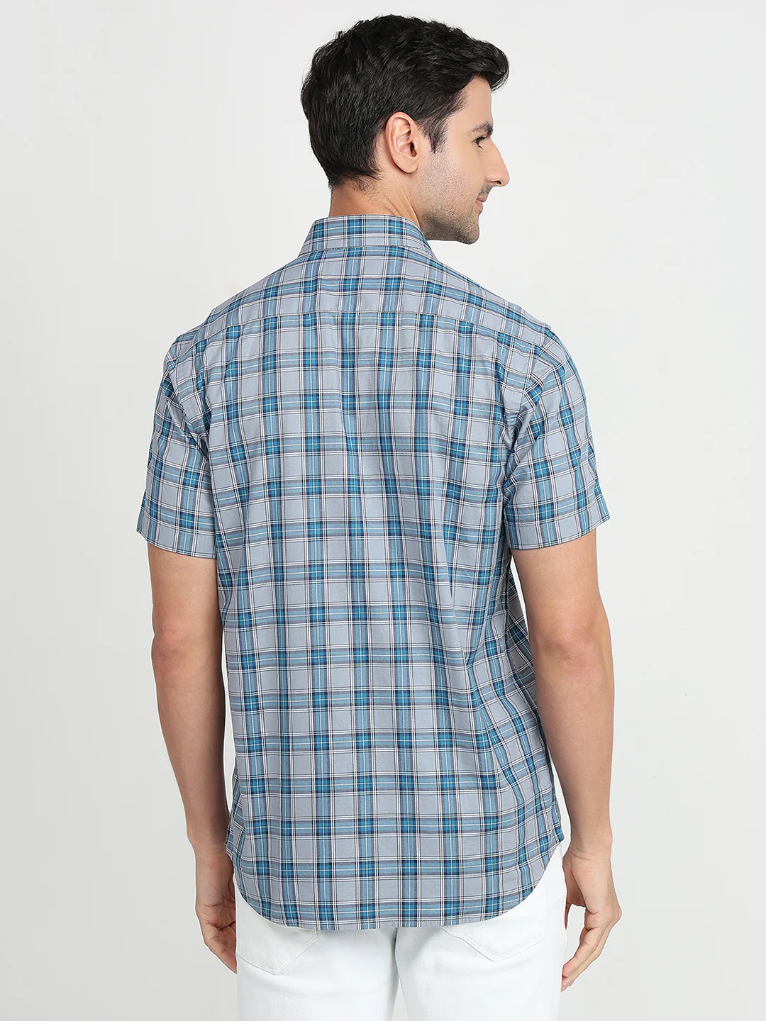 Colorplus Men Blue Checks Regular Fit Cotton Half Sleeve Casual Shirt - Image 4