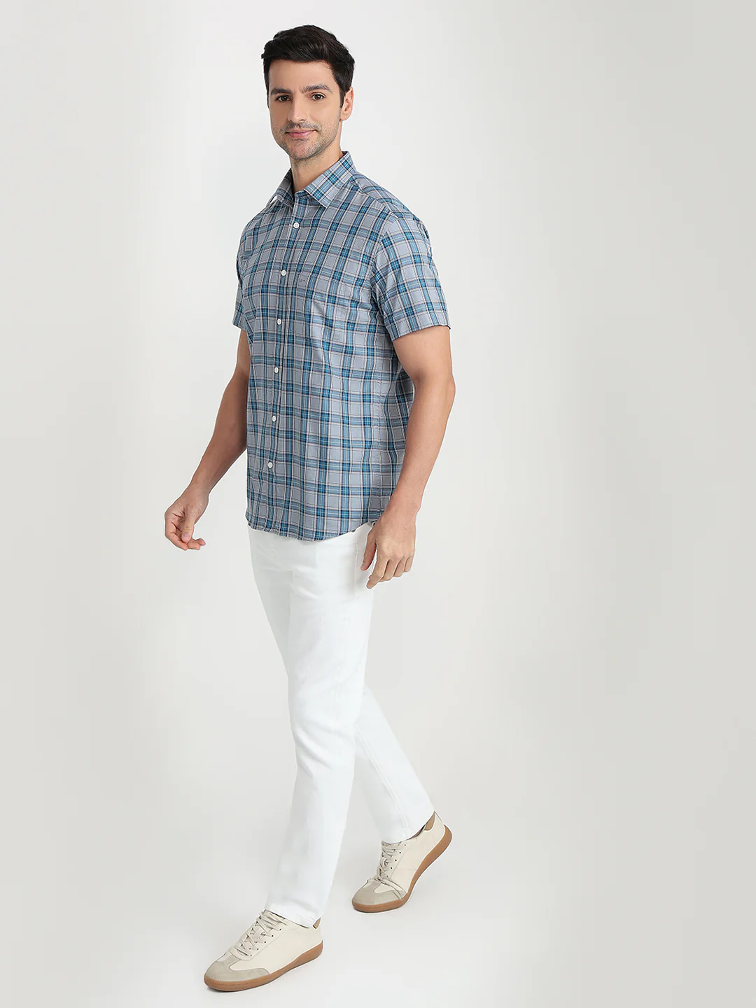 Colorplus Men Blue Checks Regular Fit Cotton Half Sleeve Casual Shirt - Image 5