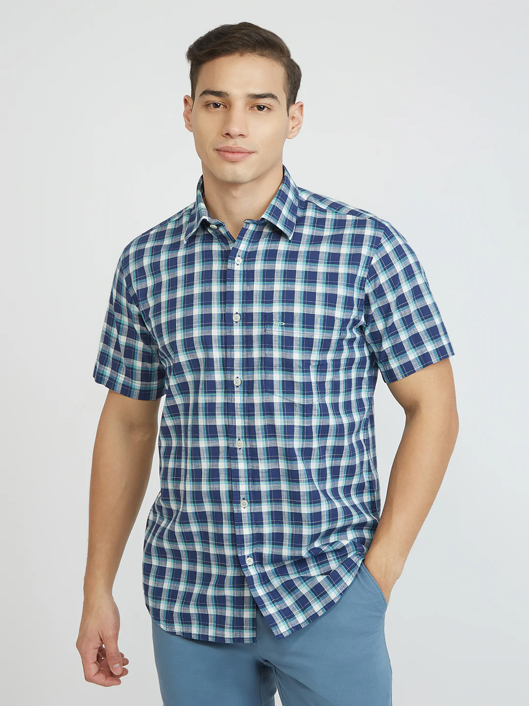 ColorPlus Men Blue Checks Regular Fit Cotton Shirt