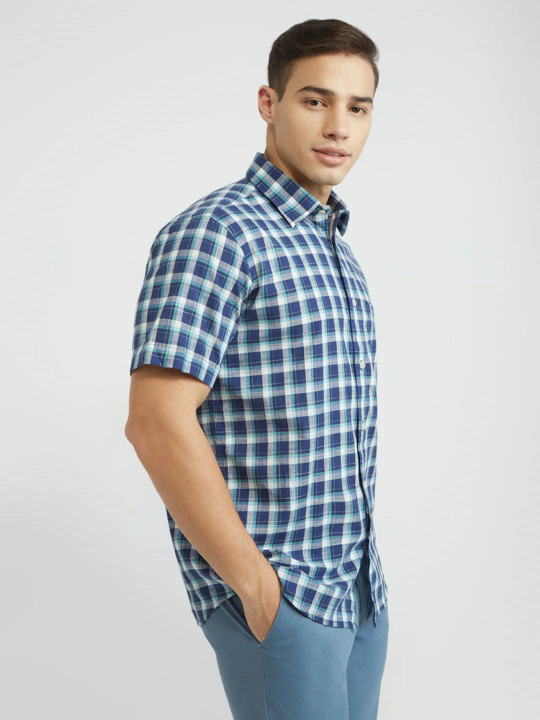 ColorPlus Men Blue Checks Regular Fit Cotton Shirt - Image 2