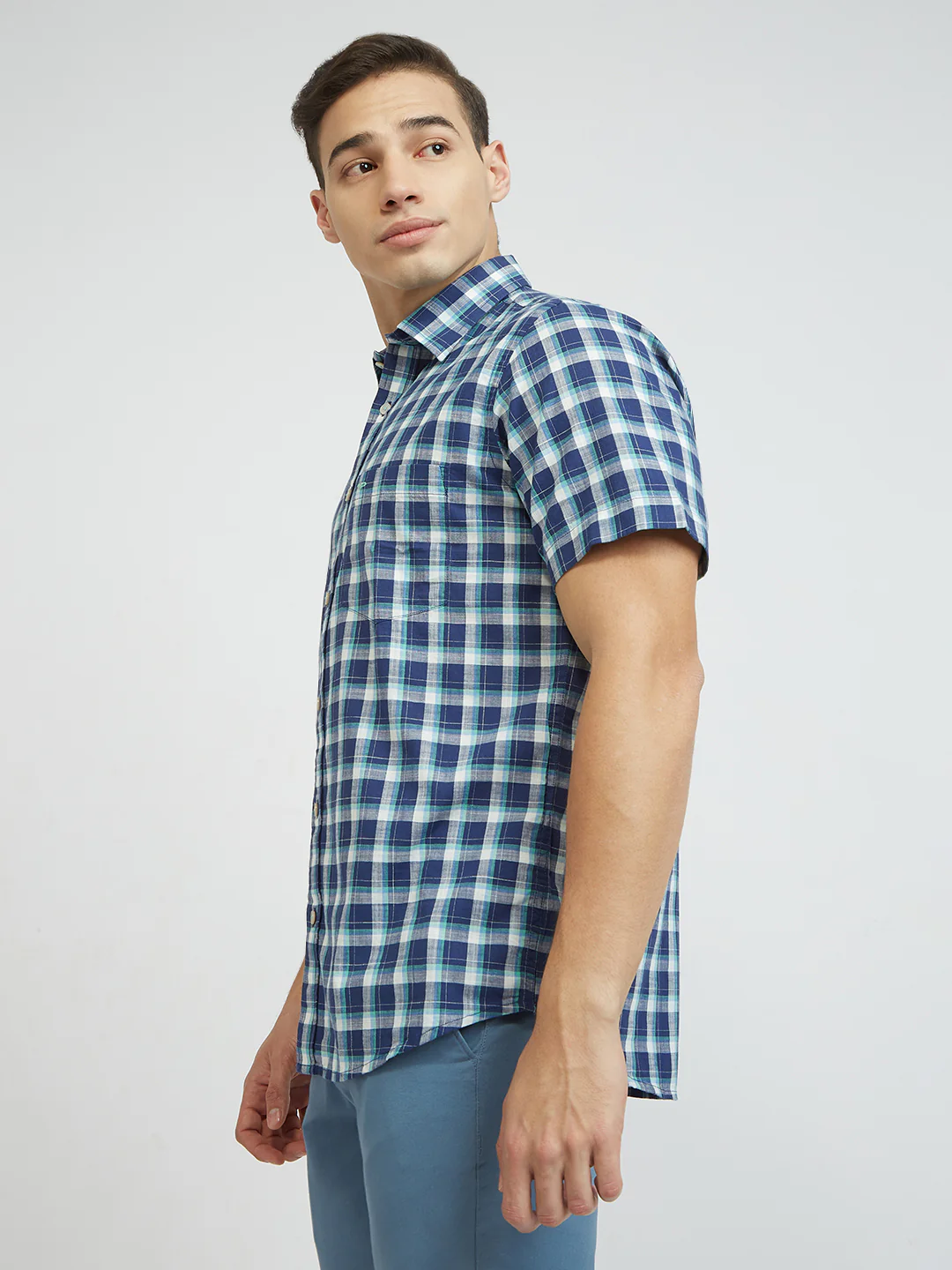 ColorPlus Men Blue Checks Regular Fit Cotton Shirt - Image 3