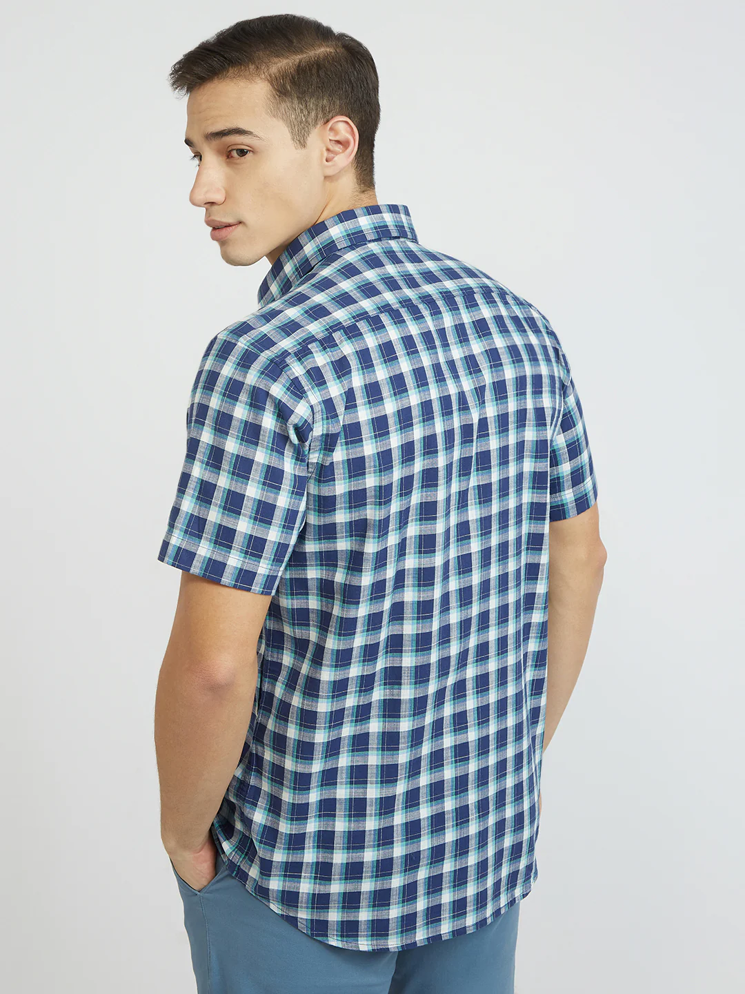 ColorPlus Men Blue Checks Regular Fit Cotton Shirt - Image 4