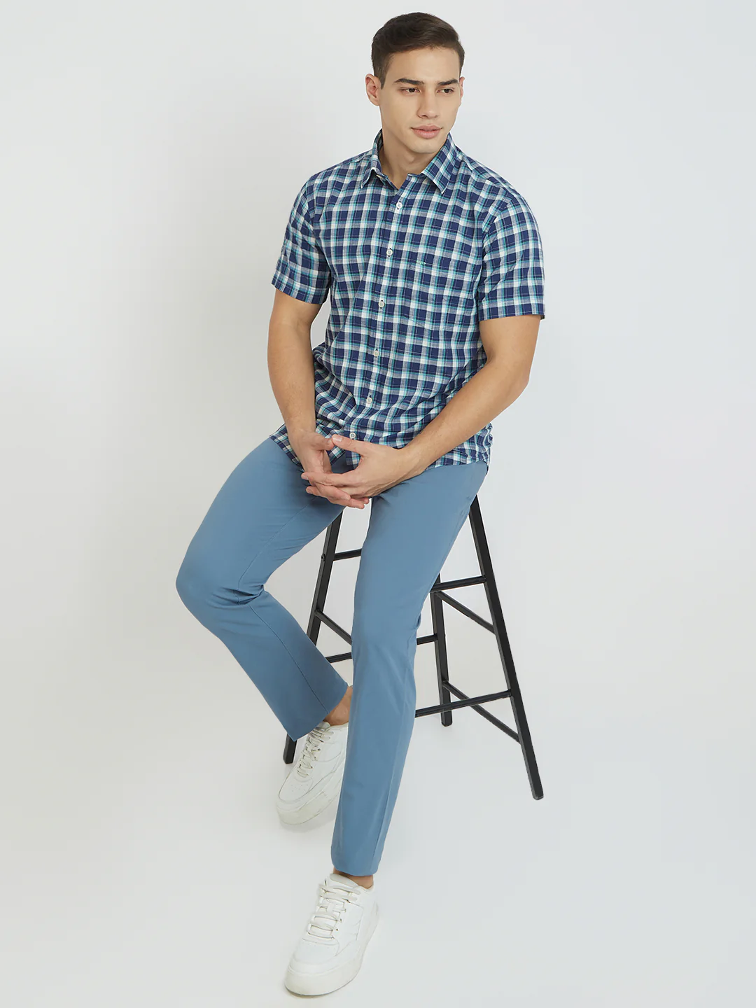 ColorPlus Men Blue Checks Regular Fit Cotton Shirt - Image 5