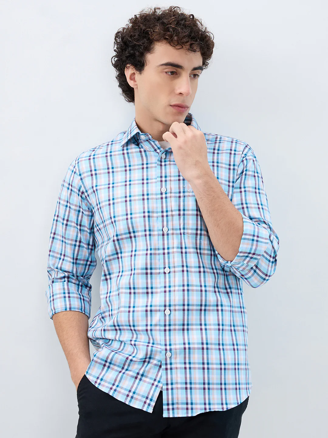 Colorplus Men Blue Checks Regular Fit Cotton Shirt