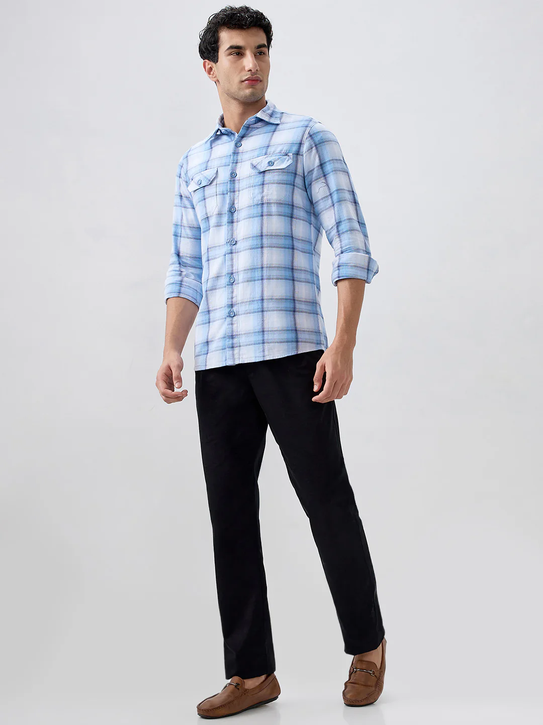 Colorplus Men Blue Checks Slim Fit Cotton Casual Shirt - Image 5