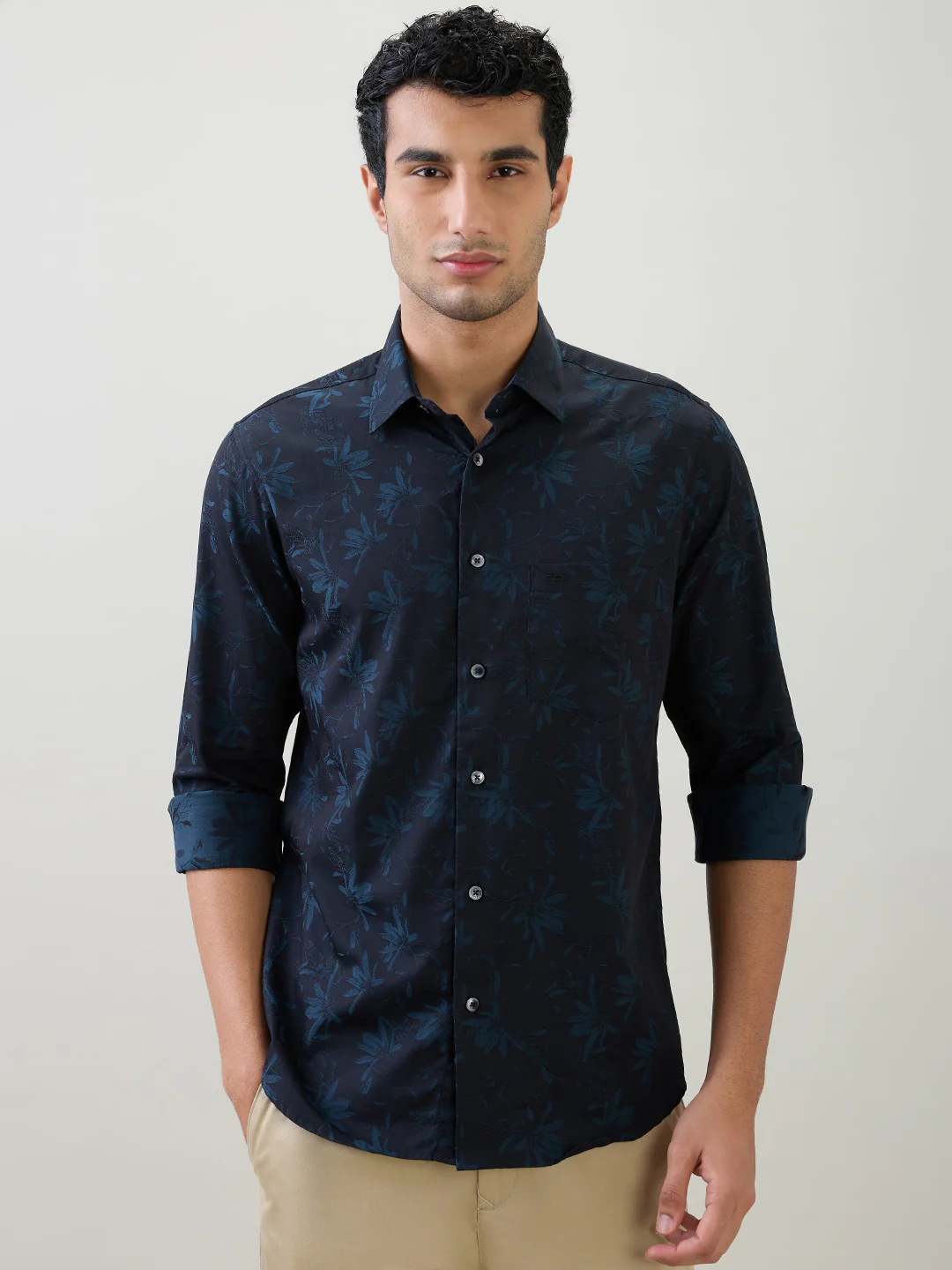 Colorplus Men Blue Jacquard Regular Fit Cotton Full Sleeve Casual Shirt