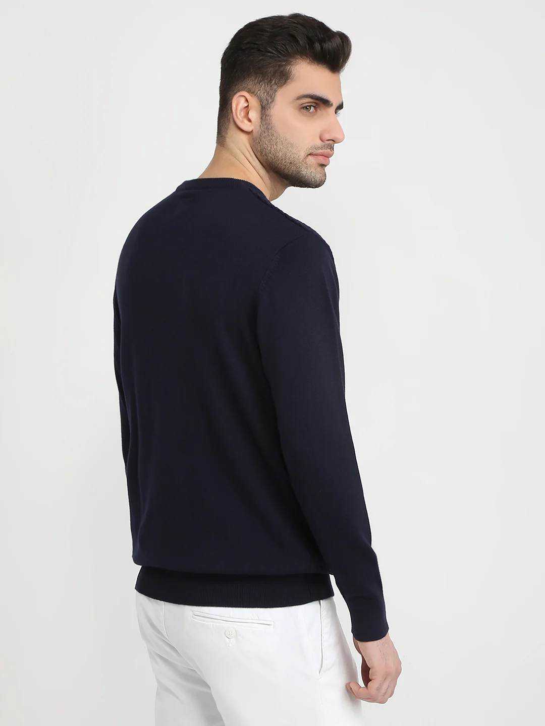 Colorplus Men Blue Jacquard Regular Fit Cotton Full Sleeve Round Neck Collar Sweater - Image 4