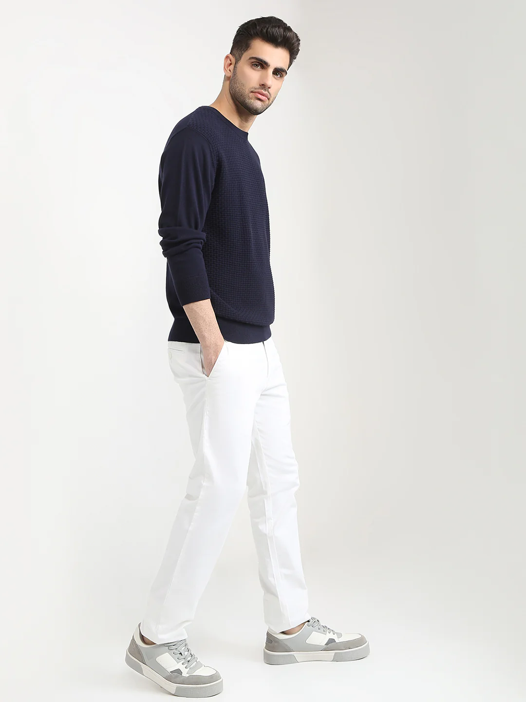 Colorplus Men Blue Jacquard Regular Fit Cotton Full Sleeve Round Neck Collar Sweater - Image 5