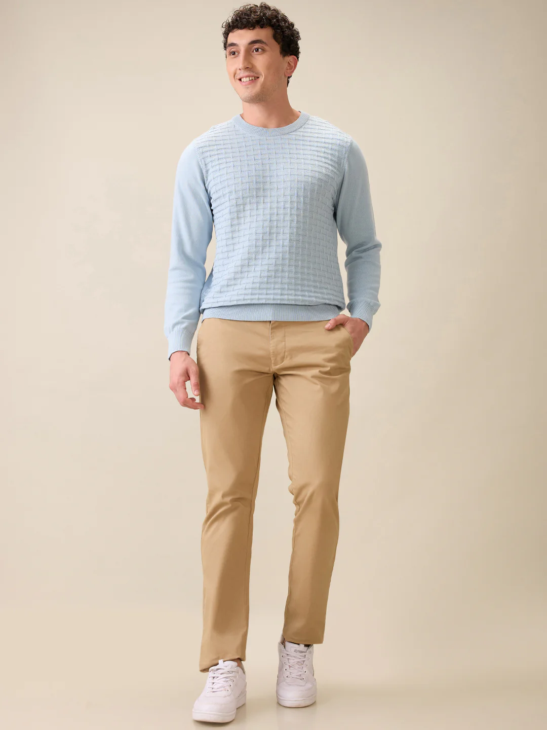 Colorplus Men Blue Jacquard Regular Fit Cotton Full Sleeve Round Neck Collar Sweater - Image 5