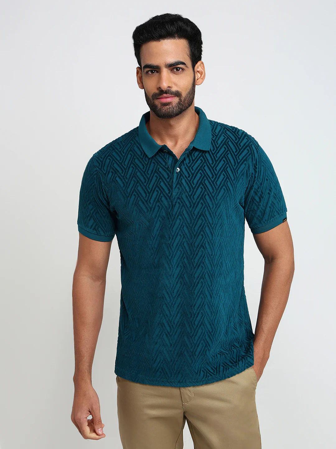 Colorplus Men Blue Jacquard Regular Fit Cotton T-Shirt