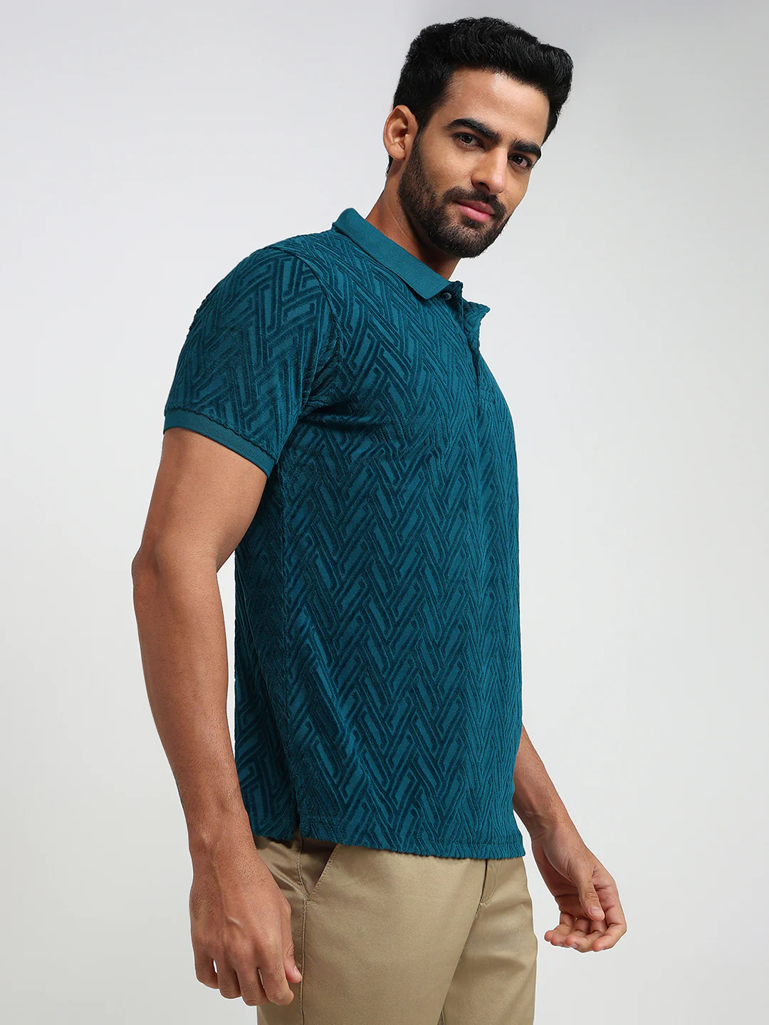 Colorplus Men Blue Jacquard Regular Fit Cotton T-Shirt - Image 3