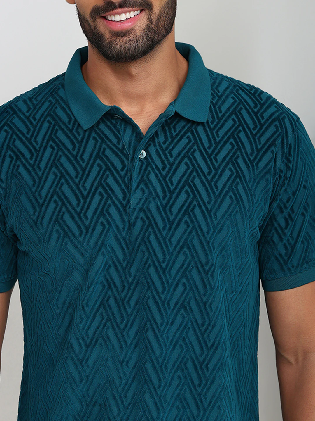 Colorplus Men Blue Jacquard Regular Fit Cotton T-Shirt - Image 6