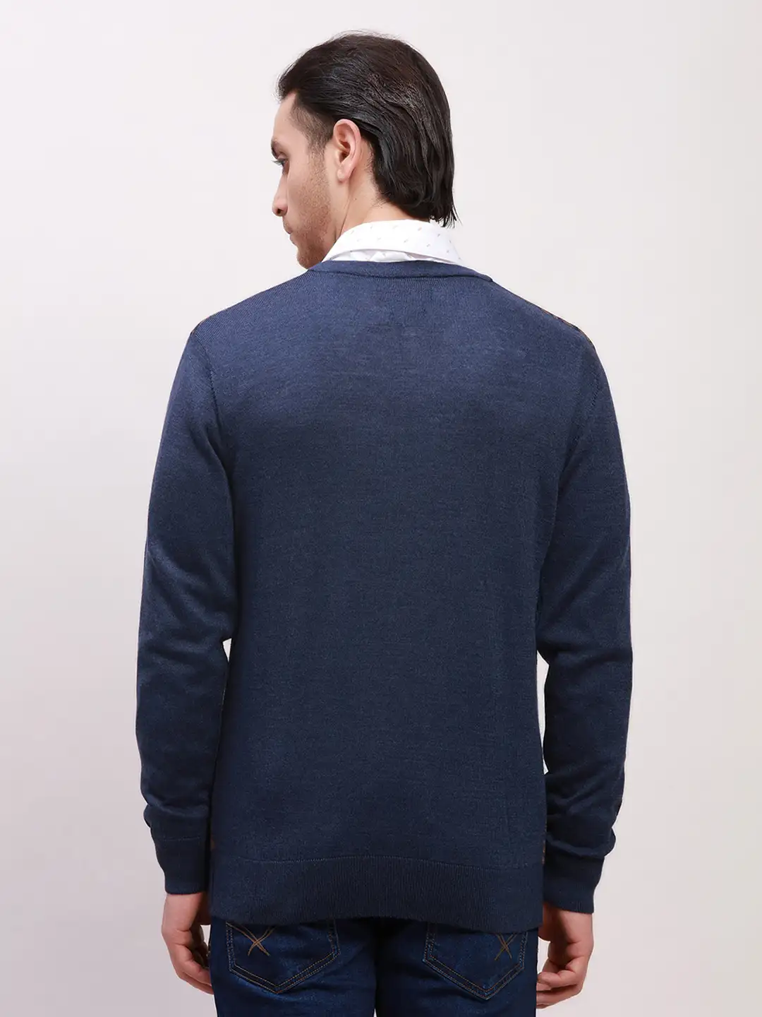 Colorplus Men Blue Jacquard Tailored Fit Wool Blend Full Sleeve V Neck Sweaters - Image 4