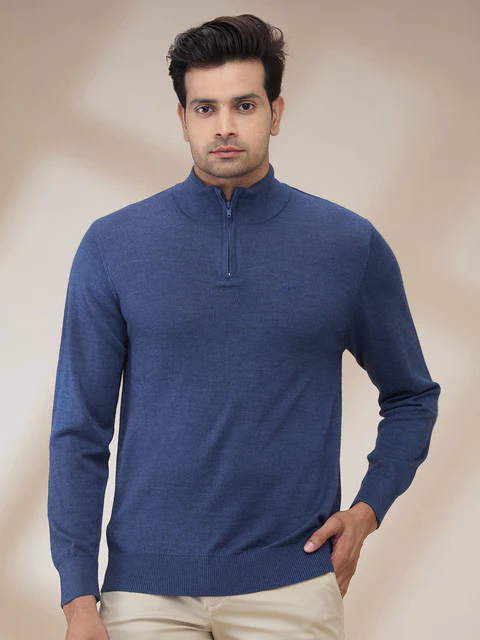 Colorplus Men Blue Plain Regular Fit Wool Blend Sweater