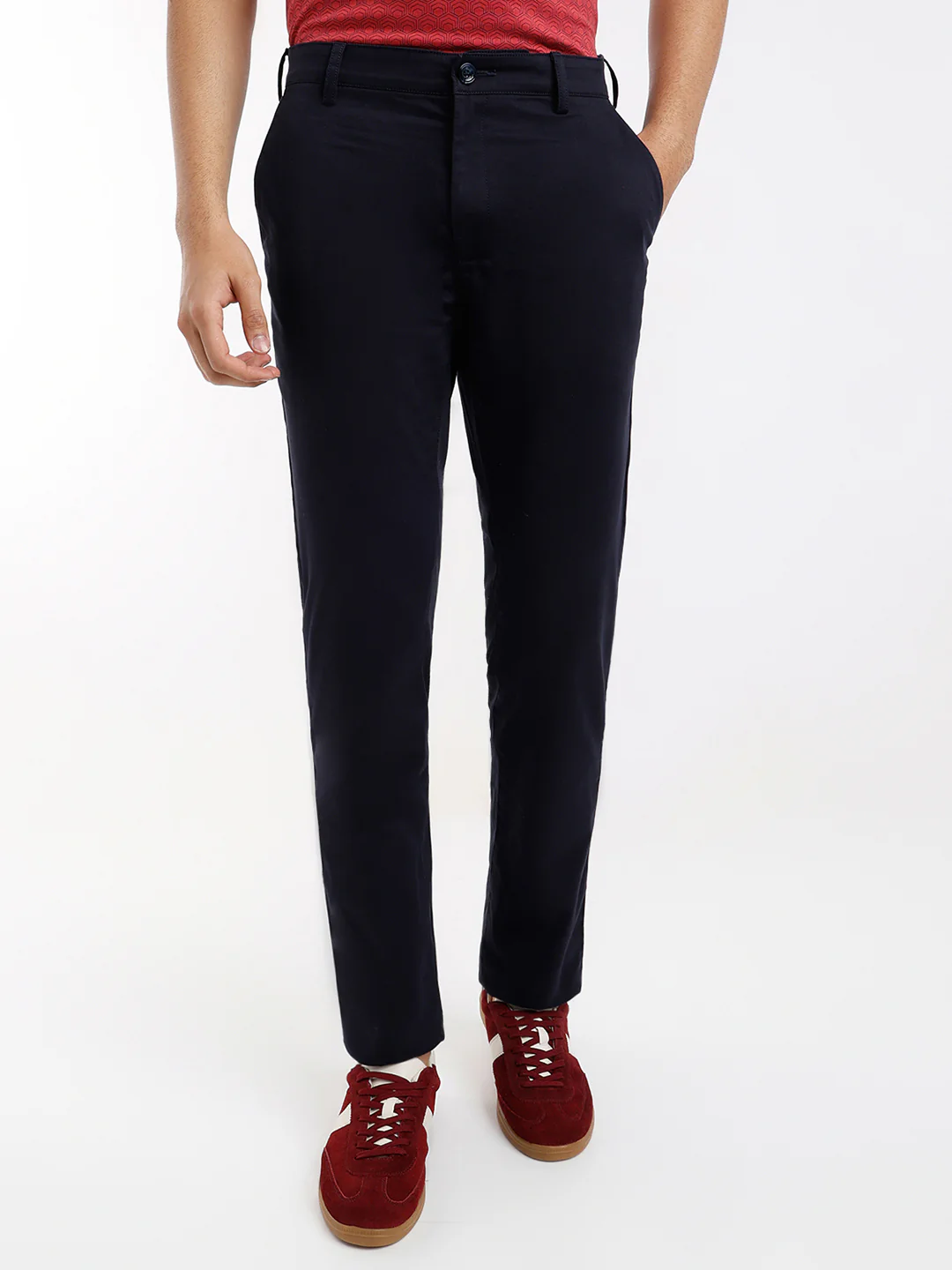 Colorplus Men Blue Plain Slim Fit Cotton Blend Trouser