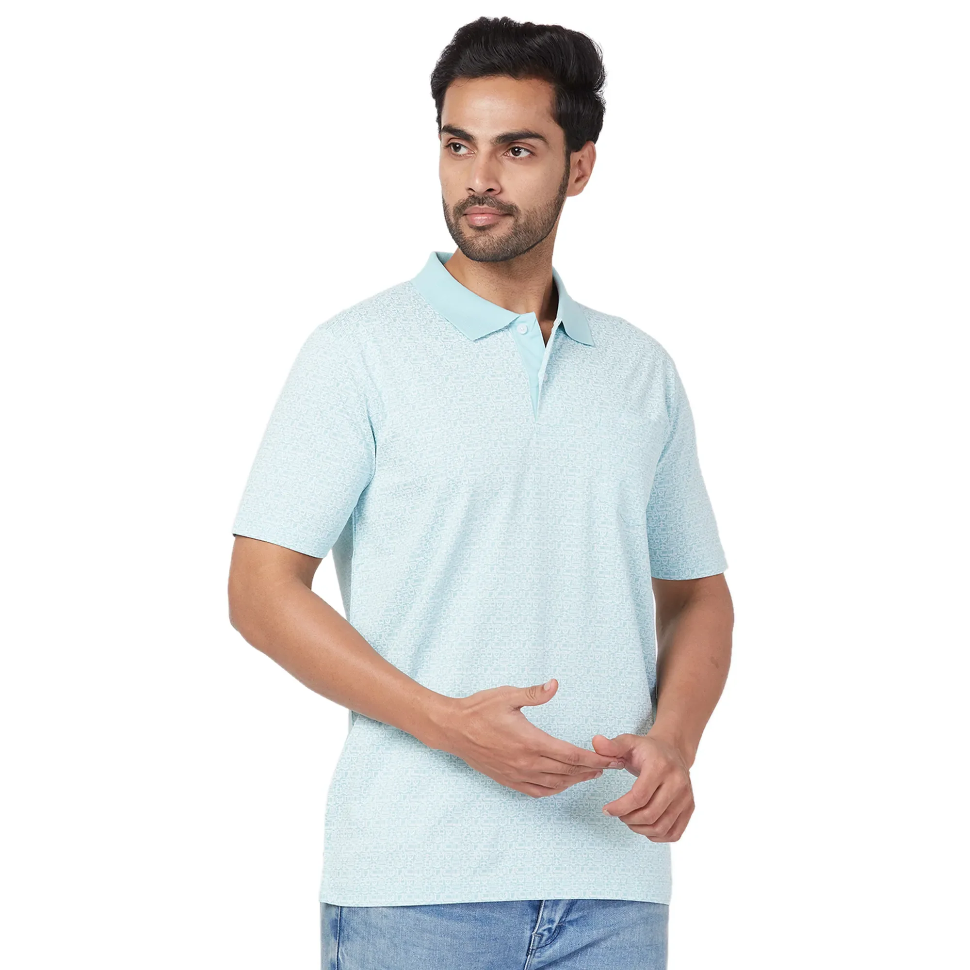 ColorPlus Men Blue Print Comfort Fit Cotton Half Sleeve T-Shirt - Image 2