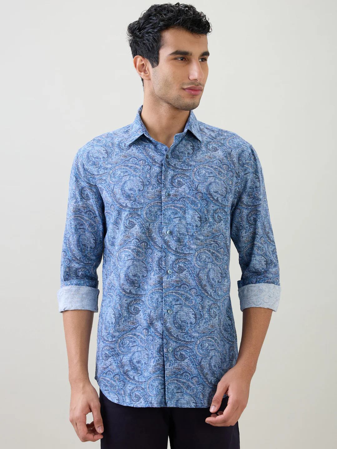 Colorplus Men Blue Printed Regular Fit Cotton Blend Full Sleeve Casual Shirt
