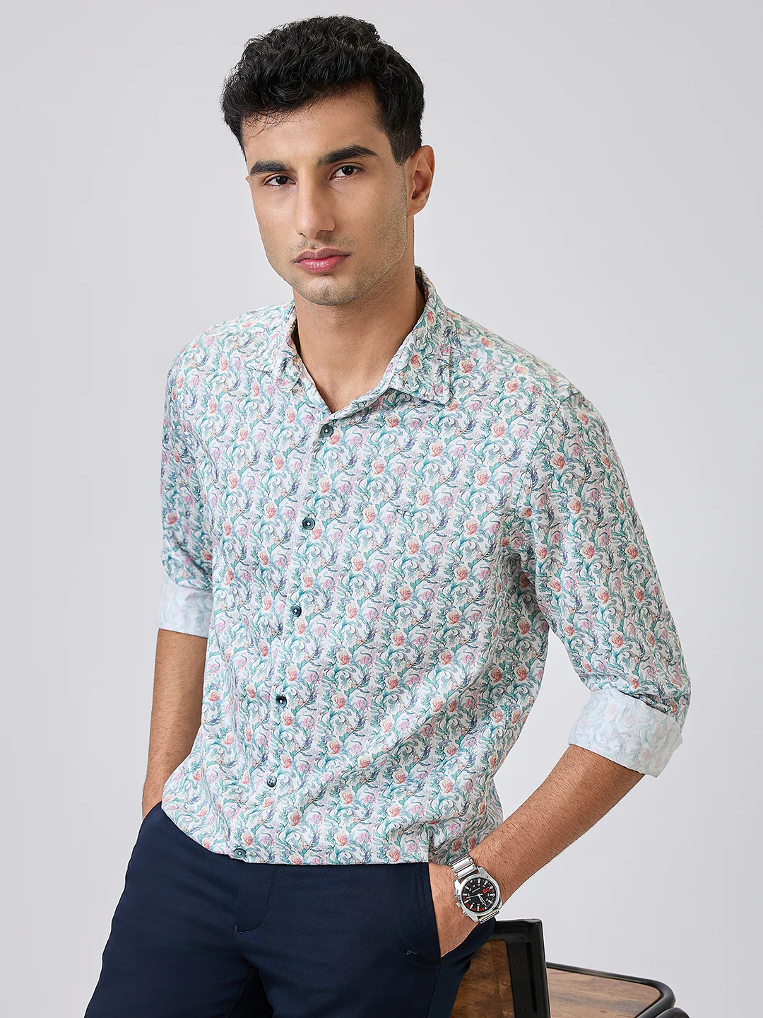 Colorplus Men Blue Printed Regular Fit Cotton Blend Shirt