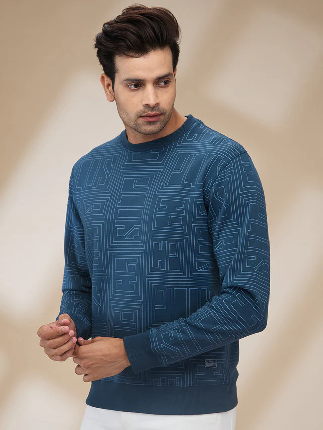 Colorplus Men Blue Printed Regular Fit Cotton Blend Sweatshirt - Image 3