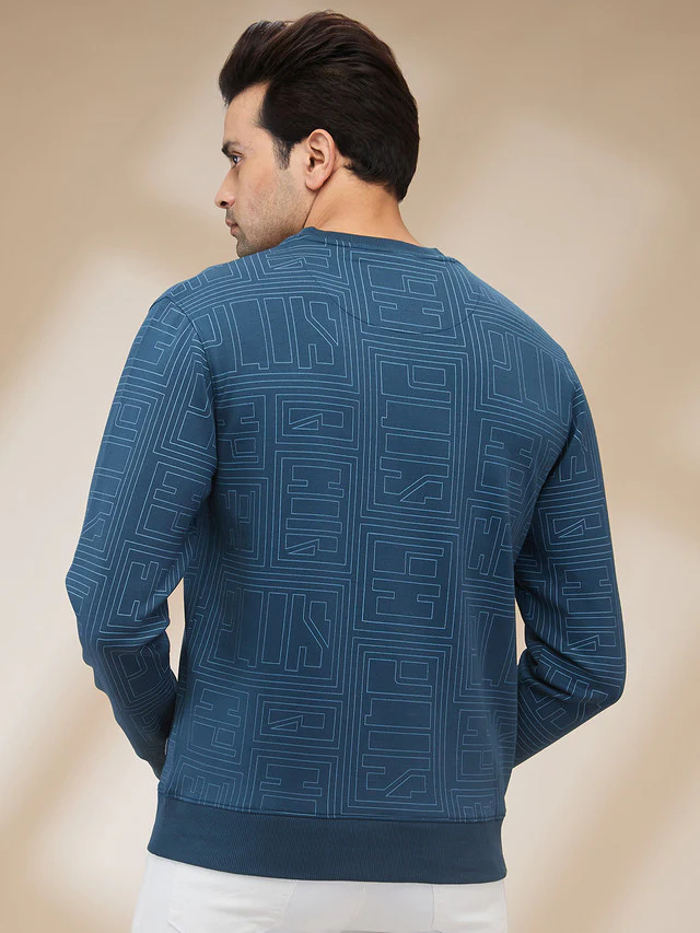 Colorplus Men Blue Printed Regular Fit Cotton Blend Sweatshirt - Image 4