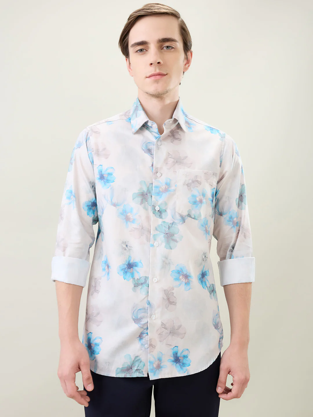 Colorplus Men Blue Printed Slim Fit Cotton Full Sleeve Casual Shirt