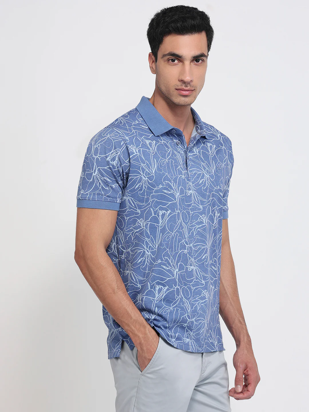 Colorplus Men Blue Regular Fit Print Polo Neck Collar T-Shirt - Image 3