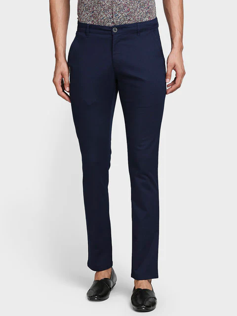 Colorplus Men Blue Solid Contemporary Fit Cotton Blend Trouser