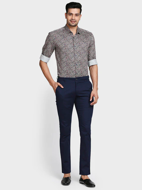 Colorplus Men Blue Solid Contemporary Fit Cotton Blend Trouser - Image 5