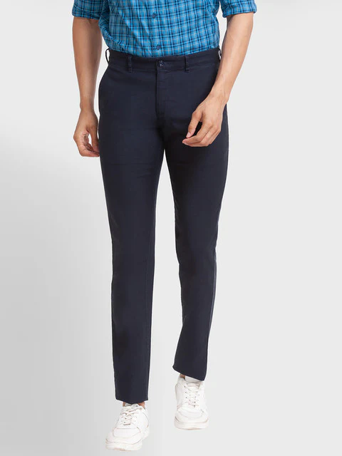 Colorplus Men Blue Solid Contemporary Fit Cotton Blend Trouser