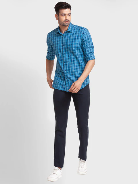 Colorplus Men Blue Solid Contemporary Fit Cotton Blend Trouser - Image 5