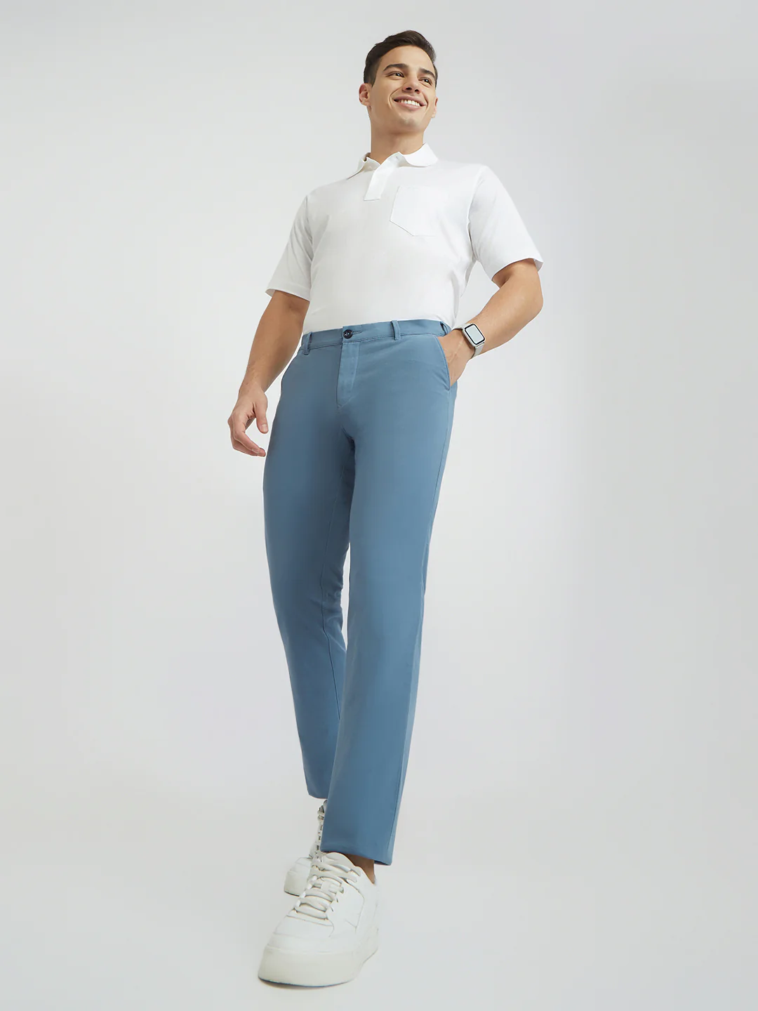 Colorplus Men Blue Solid Piece Dyed Contemporary Fit Cotton Blend Trouser - Image 5