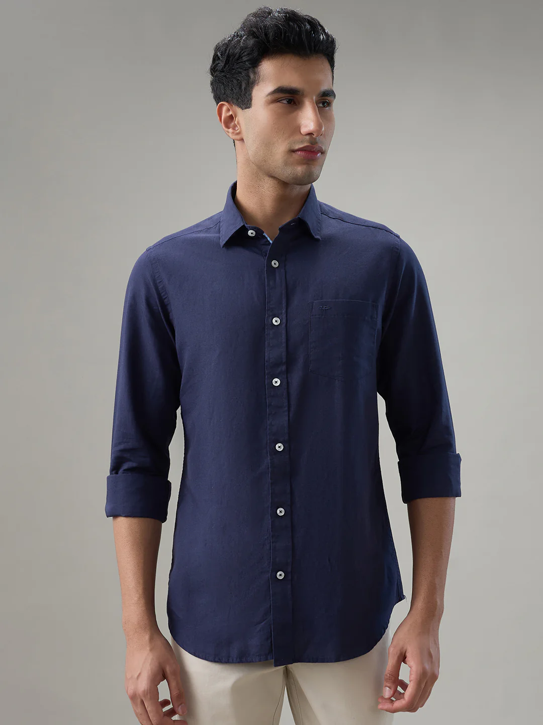 Colorplus Men Blue Solid Piece Dyed Contemporary Fit Linen Blend Casual Shirt