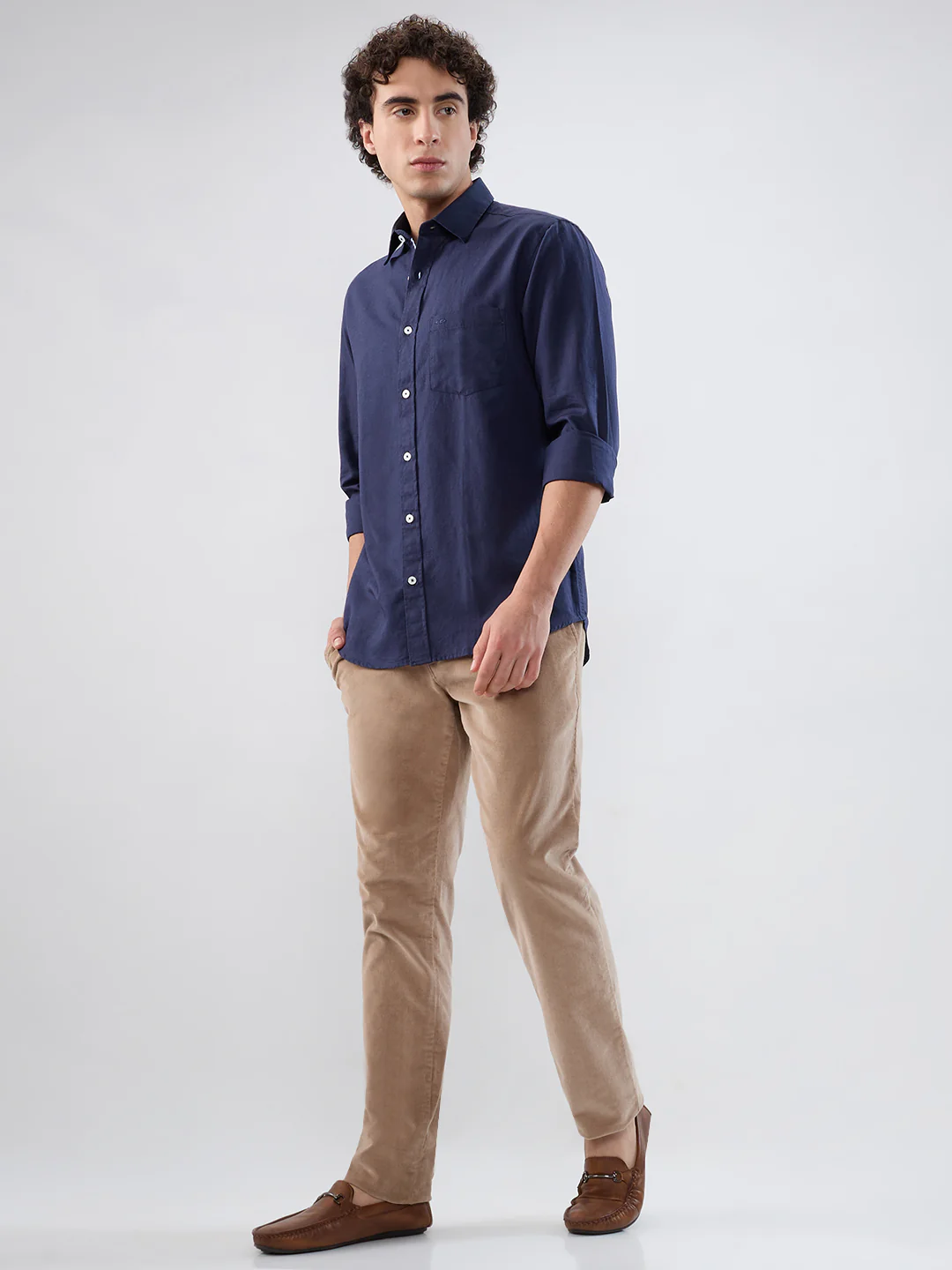 Colorplus Men Blue Solid Piece Dyed Tailored Fit Linen Blend Shirt - Image 5