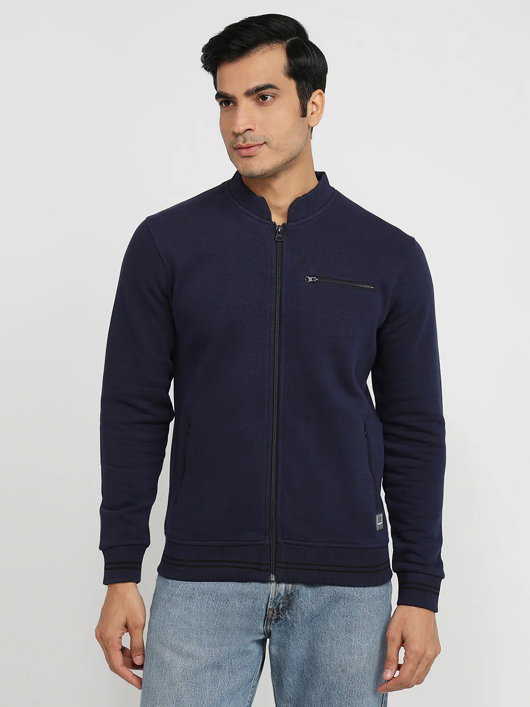 Colorplus Men Blue Solid Regular Fit Cotton Blend Sweatshirt