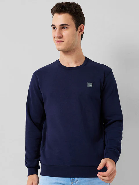 Colorplus Men Blue Solid Regular Fit Cotton Blend Sweatshirt