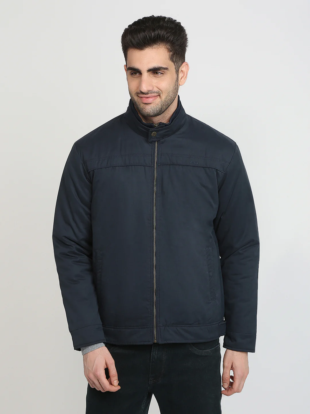 Colorplus Men Blue Solid Regular Fit Pollyester Blend Full Sleeve Jacket