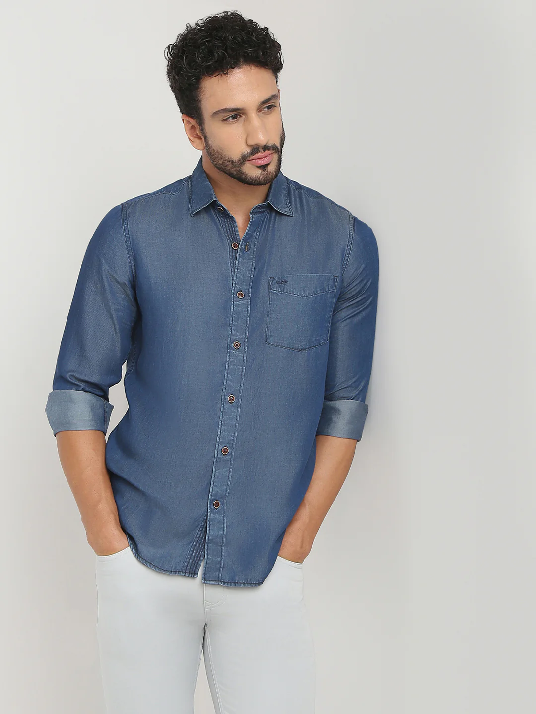 Colorplus Men Blue Solid Regular Fit Tencel Casual Shirt