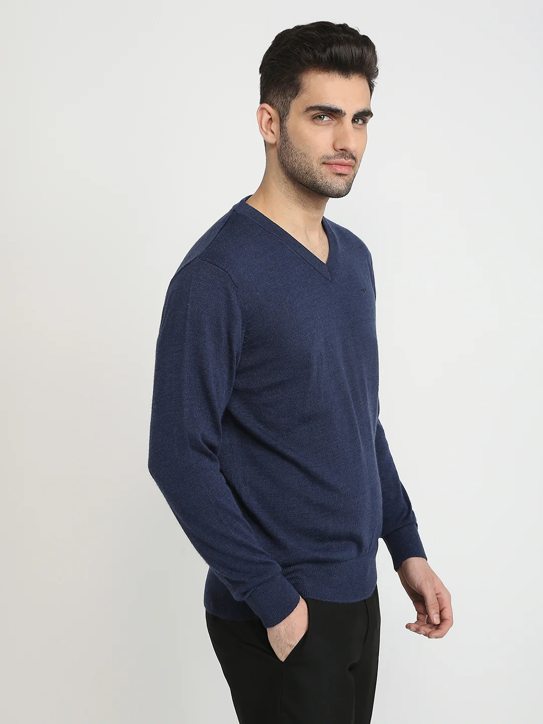Colorplus Men Blue Solid Regular Fit Wool Blend Full Sleeve V Neck Collar Sweater - Image 3