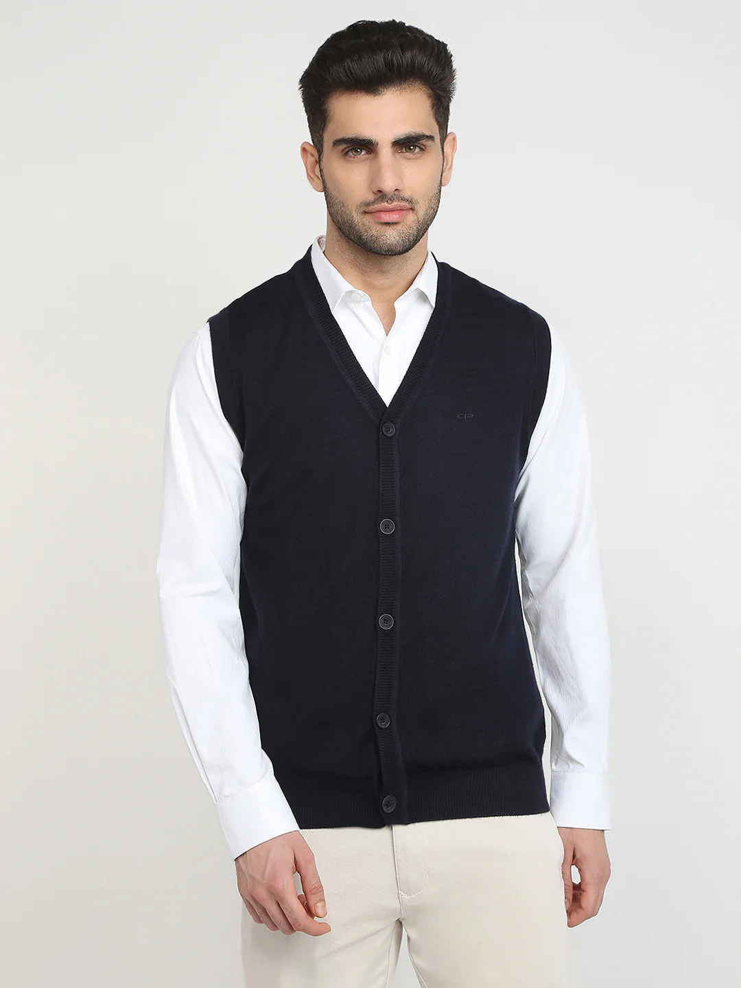 Colorplus Men Blue Solid Regular Fit Wool Blend Sleeveless V Neck Collar Sweater