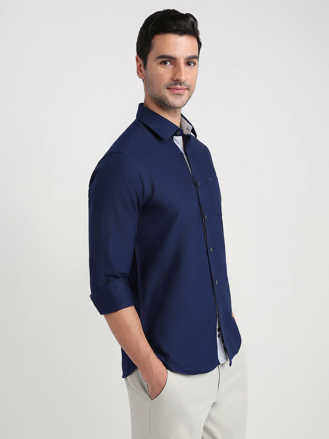Colorplus Men Blue Solid Slim Fit Cotton Full Sleeve Casual Shirt - Image 3