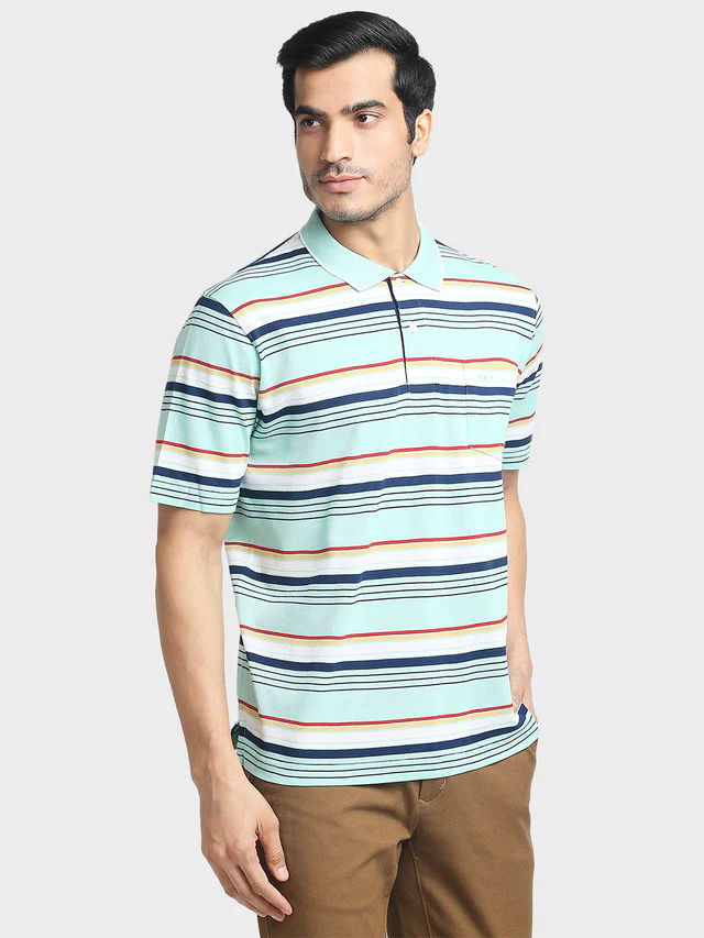 Colorplus Men Blue Stripe Classic Fit Half Sleeve Polo Neck T-Shirt - Image 2