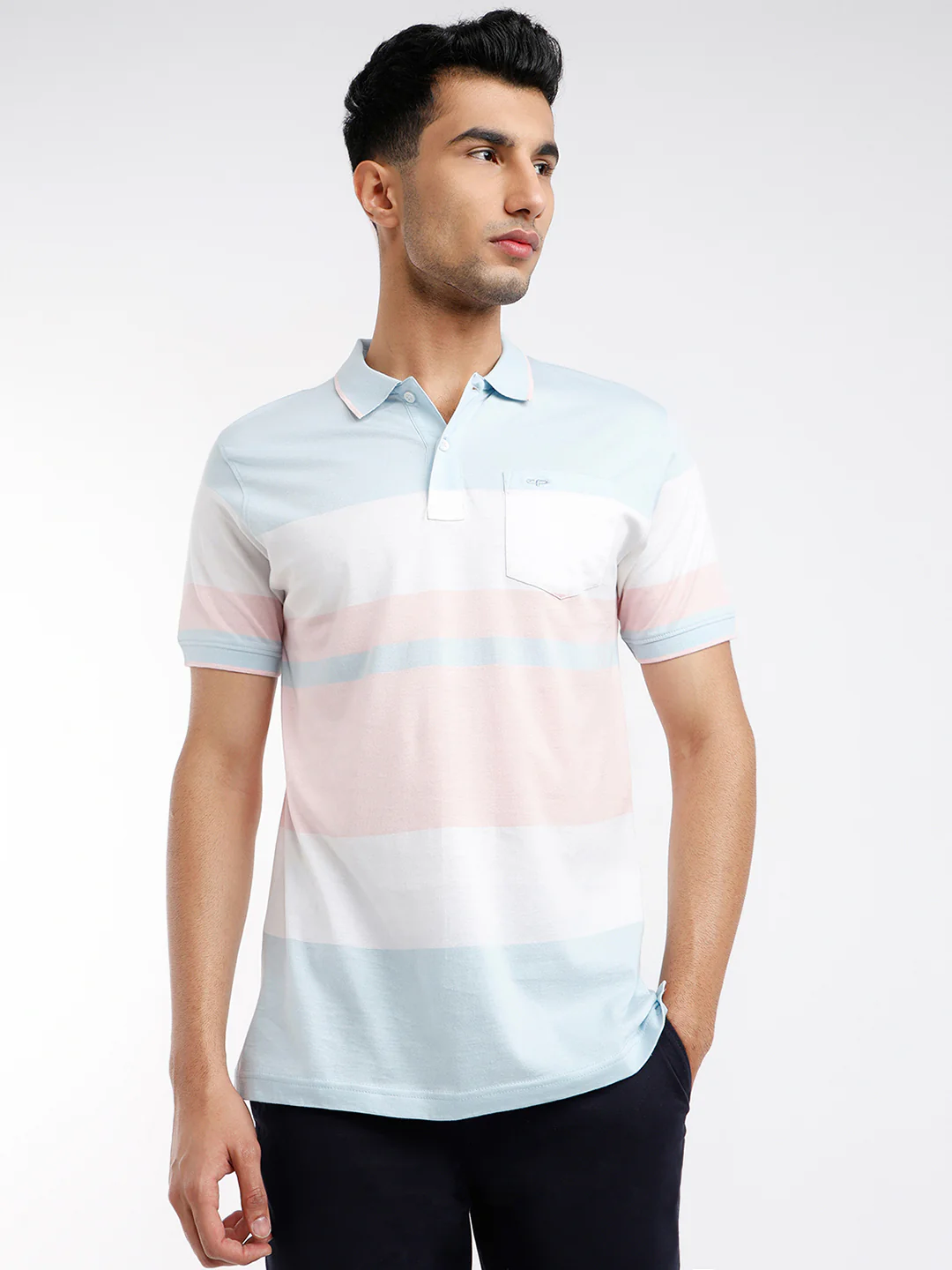 Colorplus Men Blue Stripe Regular Fit Cotton Blend T-Shirt
