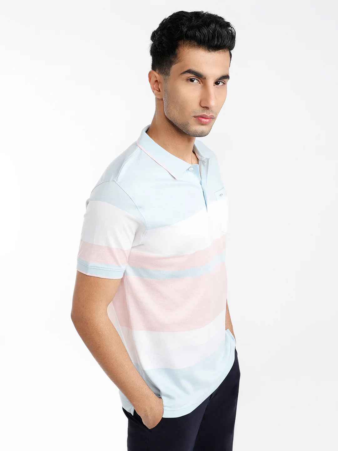 Colorplus Men Blue Stripe Regular Fit Cotton Blend T-Shirt - Image 2