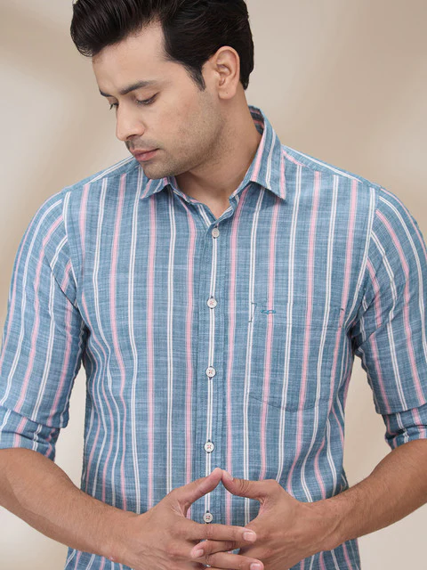 Colorplus Men Blue Stripe Regular Fit Cotton Casual Shirts - Image 5