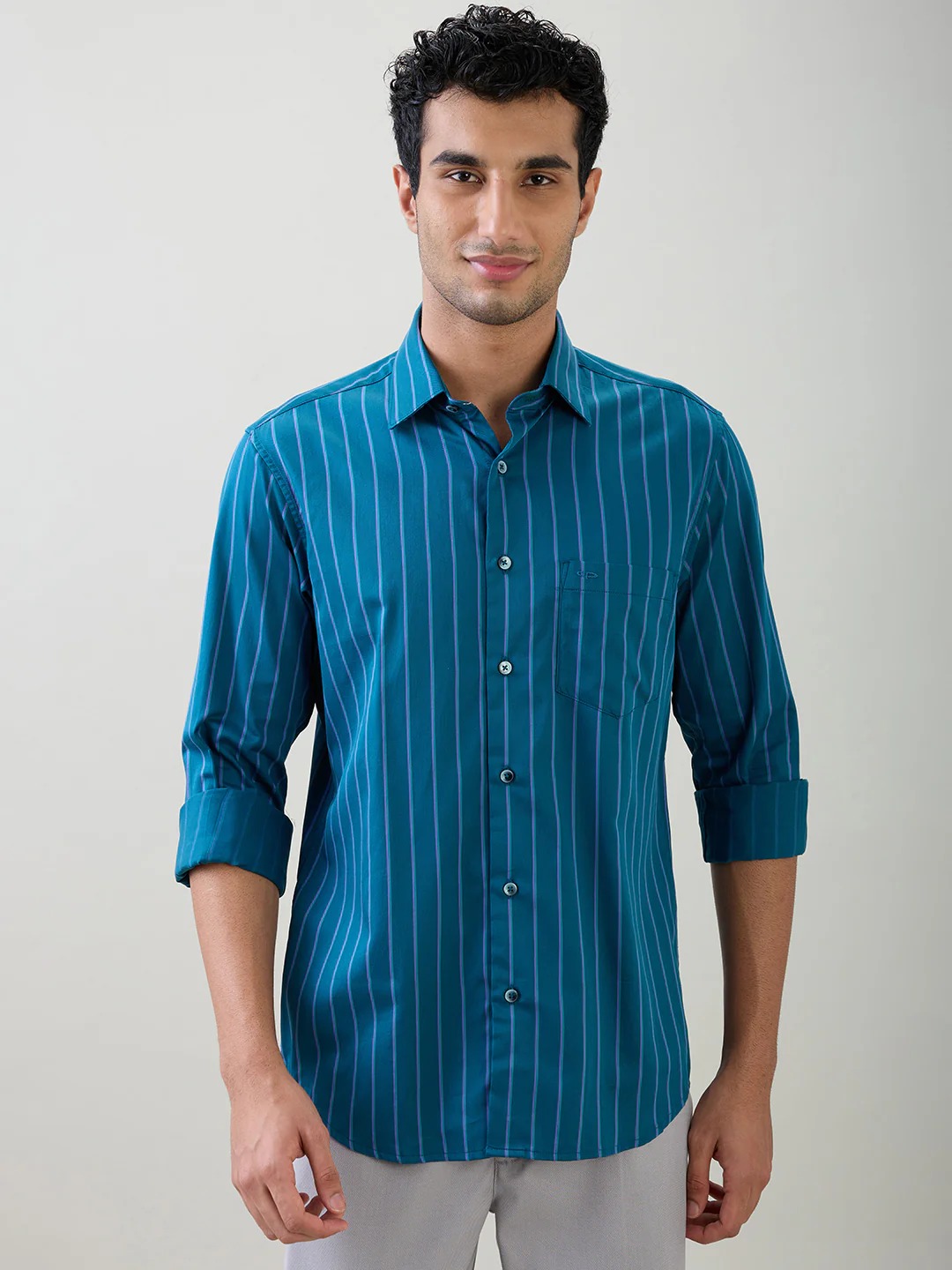 Colorplus Men Blue Stripe Regular Fit Cotton Full Sleeve Casual Shirt